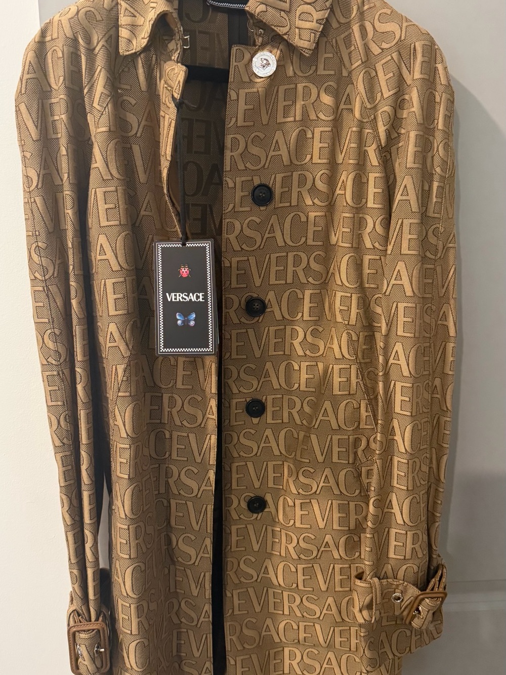 Versace Tan All-Over Logo trench coat size 40